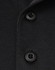 A close-up of a black polo shirt featuring two black buttons and a collar. It has a logo on the fabric.