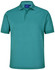 A teal men's sustainable poly/cotton short-sleeve polo shirt with a collar and buttons, featuring a brand logo.