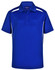 A blue kids' short-sleeve polo shirt with white contrast stripes and a logo on the chest.