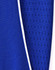 A close-up of a blue polo shirt featuring contrasting fabric textures and a white trim. It has a logo on the garment.