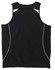 A black ladies' singlet with white accent detailing and a logo. The back features a sporty design.