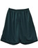Dark green kid's basketball shorts made from lightweight fabric, featuring an elastic waistband and a logo.