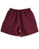 Maroon kids' microfibre sports shorts with an elastic waistband and no pockets, featuring a logo.