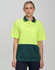 A high-visibility short-sleeve safety polo shirt in bright yellow with a dark green bottom section and a chest pocket, featuring a logo.