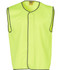 A hi-vis safety vest in bright yellow with grey trim, featuring a sleeveless design and a logo.
