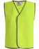 A bright yellow safety vest with grey trim, featuring a logo on the inside label.