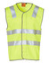A high-visibility yellow safety vest with reflective silver tape stripes and a branding logo.