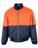 A Hi-Vis two-tone jacket featuring orange and navy colours, designed for safety wear. Includes a logo on the jacket.