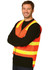 A high-visibility orange safety vest with reflective yellow stripes, worn by a smiling man.