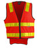 A bright orange safety vest featuring reflective yellow stripes and a front zipper, with a logo on the chest area.