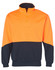 A Hi-Vis long sleeve windcheater collar in bright orange and navy, featuring a zip and a logo.