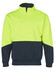 A high-visibility long sleeve windcheater collar in bright yellow and navy, featuring a zippered neck and a logo.
