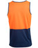 A safety singlet featuring a bright orange upper and dark navy lower, designed for high visibility. It has a logo.