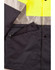 A high-visibility two-tone rainproof safety jacket featuring bright yellow and navy with reflective strips and a pocket.