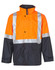 A Hi-Vis two-tone rainproof safety jacket in orange and navy, featuring reflective 3M tapes and a logo.