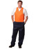 Men's cotton drill overall in navy blue with an orange vest. Features two front pockets and a logo.