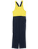 A two-tone men's cotton drill overall featuring a yellow top and navy blue bottom, with adjustable straps and pockets.
