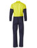 A men's cotton drill coverall in hi-vis yellow and navy, featuring long sleeves and a back view. It includes a logo.