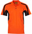 An orange short-sleeve safety polo shirt featuring black side panels and a chest pocket. It includes a logo.