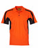 An orange short-sleeve safety polo shirt featuring black side panels and a chest pocket. It includes a logo.