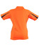 A women's short-sleeve polo shirt in bright orange with black accents and a logo on the back.