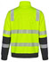 A high-visibility yellow safety jumper with reflective stripes and black sleeves, featuring a logo on one sleeve.
