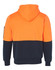 A two-tone kangaroo pocket hoodie featuring bright orange and navy blue colours, with a hood and a side pocket.