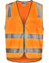 An orange safety vest with reflective silver strips and a front pocket, featuring a zip closure.