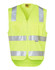 A bright yellow safety vest with reflective silver tapes and multiple pockets, featuring a logo.