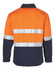 A Hi-Vis two-tone work jacket in orange and navy with reflective 3M tapes and a logo on the back.