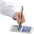 A silver stylus pen in use on a smartphone screen, held by a hand wearing a light blue shirt.