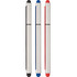 A set of three stylus pens in black, blue, and red, featuring a metallic silver body and a logo.