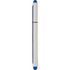 A stylus pen in silver and blue, featuring rounded ends and a sleek design. It has a logo on the side.