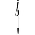 A silver stylus pen with a black tip and elastic strap for easy holding. It features a logo on the body.