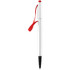 A silver stylus pen with a red top and a red pull tag for easy handling. It has a sleek and modern design.