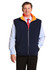 A navy blue reversible safety vest with an orange collar, featuring 3M reflective tape and a zip closure.