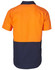 A two-tone short-sleeve cotton work shirt featuring orange and navy blue colours, with a logo on the back.