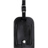 A black leather luggage tag with a metal buckle and a slot for identification. Features stitching details and a logo.