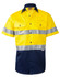 A short-sleeved safety shirt featuring a bright yellow top half, navy blue bottom, and reflective silver stripes.