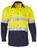 A high-visibility cotton drill shirt featuring yellow and navy colours with reflective stripes and a branding label.
