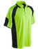 A bright green and navy blue men's polo shirt with sleeve panels and a collar, featuring a logo.