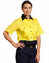 A women's short-sleeved safety shirt in bright yellow and navy blue, featuring a collar and small pockets.