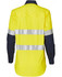 A long-sleeve safety shirt in hi-vis yellow with navy sleeves and reflective 3M tape stripes. Features a logo.