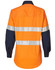 A high-visibility long-sleeve safety shirt in orange and navy, featuring reflective strips and a branded logo.