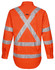 An orange work shirt featuring silver reflective strips in a cross pattern on the back. It includes a logo.