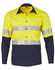 A long-sleeved safety shirt in bright yellow with navy blue accents and reflective tape. Features buttons and pockets.