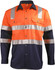 A two-tone safety shirt in orange and navy, featuring reflective tape and two front pockets. Includes a logo.