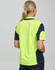 A high-visibility polo shirt featuring bright yellow-green and navy blue colours, with a branding logo.
