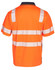 A safety polo shirt in bright orange with reflective striped detailing on the back and a logo.