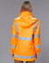 A bright orange safety jacket with reflective silver stripes, featuring a hood and a back view.